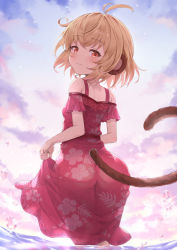 Rule 34 | 1girl, ahoge, andira (granblue fantasy), animal ears, antenna hair, ass, blonde hair, blush, breasts, closed mouth, cloud, dress, erune, granblue fantasy, highres, kimblee, looking at viewer, looking back, monkey ears, orange eyes, outdoors, red dress, see-through silhouette, short hair, sky, small breasts, smile, solo, standing, tail, wading, water