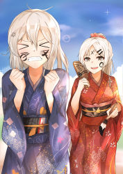 Rule 34 | 2021, 2girls, absurdres, angry, blue sky, commentary, commentary request, closed eyes, girls&#039; frontline, grey eyes, grey hair, hair ornament, hair ribbon, hands up, happy new year, highres, holding, ink, japanese clothes, kimono, long hair, looking at another, multiple girls, muteppona hito, new year, open mouth, red ribbon, ribbon, simple background, sky, smile, svd (girls&#039; frontline), tassel, zas m76 (girls&#039; frontline)