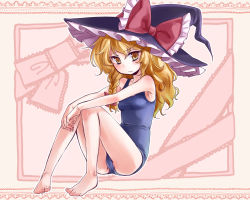 Rule 34 | 1girl, bare legs, bare shoulders, barefoot, blonde hair, blush, braid, feet, female focus, frown, full body, hat, hat ribbon, kirisame marisa, long hair, matilda (matildax), one-piece swimsuit, ribbon, school swimsuit, sitting, solo, swimsuit, touhou, witch, witch hat, yellow eyes