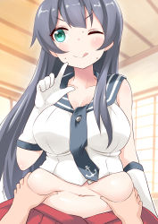 Rule 34 | 1girl, absurdres, agano (kancolle), belly grab, black hair, black neckwear, black sailor collar, blush, breasts, gloves, green eyes, highres, kantai collection, large breasts, long hair, looking at viewer, navel, necktie, one eye closed, pleated skirt, plump, red skirt, ryuki (ryukisukune), sailor collar, school uniform, serafuku, skirt, sleeveless, smile, solo focus, sweatdrop, tongue, tongue out, white gloves