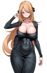 Rule 34 | 1girl, black bag, black eyes, blonde hair, breasts, cleavage, collarbone, commentary request, covered navel, creatures (company), cynthia (pokemon), dongtan dress, dress, game freak, hair ornament, hair over one eye, highres, large breasts, long hair, long sleeves, looking at viewer, meme attire, nintendo, pokemon, pokemon dppt, simple background, solo, volyz, white background