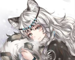 Rule 34 | 1girl, animal ear fluff, animal ears, arknights, blush, braid, chinese commentary, commentary request, grey background, grey eyes, head chain, holding, holding own tail, humiaojun, jewelry, leopard ears, leopard tail, long hair, looking at viewer, pramanix (arknights), silver hair, smile, solo, tail, turtleneck, upper body