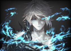 Rule 34 | 1boy, armor, black armor, black background, black gloves, blue eyes, blue fire, closed mouth, collarbone, expressionless, fire, gloves, glowing, glowing eye, granblue fantasy, looking at viewer, lucilius (granblue fantasy), male focus, messy hair, muramitsu (d3jgv), pale skin, scar, scar on neck, solo, straight-on, upper body, white hair