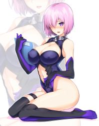 Rule 34 | 1girl, bare shoulders, black gloves, black thighhighs, blush, breasts, cleavage, clipboard, clothing cutout, covered erect nipples, elbow gloves, fate/grand order, fate (series), full body, gloves, hair over one eye, halcon, highres, holding, large breasts, leotard, looking at viewer, mash kyrielight, navel, navel cutout, open mouth, purple eyes, purple hair, short hair, sitting, smile, solo, thigh strap, thighhighs, thighs, wariza, white background, zoom layer