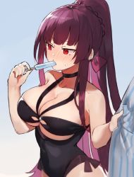 Rule 34 | 1girl, bad id, bad twitter id, black one-piece swimsuit, blunt bangs, blush, braid, braided ponytail, breasts, cleavage, collarbone, food, girls&#039; frontline, high ponytail, highleg, highleg swimsuit, ice cream, large breasts, long hair, official alternate costume, one-piece swimsuit, popsicle, red eyes, solo focus, suminagashi, swimsuit, wa2000 (op. manta ray) (girls&#039; frontline)