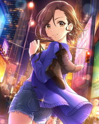 Rule 34 | 10s, 1girl, artist request, bracelet, brown eyes, brown hair, card (medium), city, cityscape, earrings, idolmaster, idolmaster cinderella girls, jewelry, looking at viewer, mizuki seira, night, night sky, official art, shoes, short hair, shorts, sky, smile, solo, sweater, wind, wind lift