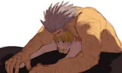 Rule 34 | 2boys, arm hair, bara, blonde hair, blush, boy on top, chest hair, closed eyes, closed mouth, couple, green eyes, hanba guyokota, holding hands, hunter x hunter, looking up, male focus, medium hair, multiple boys, muscular, muscular male, mutton chops, shalnark, short hair, simple background, size difference, skinny, smile, spiked hair, topless male, upper body, uvogin, white background, yaoi