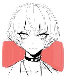 Rule 34 | 1girl, closed mouth, collar, j.k., light smile, looking at viewer, monochrome, persona, persona 5, portrait, short hair, sketch, solo, studded collar, takemi tae