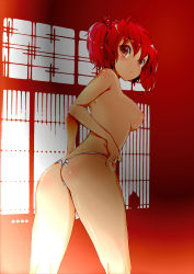 Rule 34 | 1girl, ass, blush, breasts, commentary request, from behind, fundoshi, hair bobbles, hair ornament, highres, japanese clothes, medium breasts, nipples, onozuka komachi, red eyes, red hair, reri, short hair, solo, standing, topless, touhou, twintails