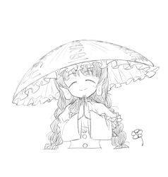 Rule 34 | 1girl, ^ ^, ajirogasa, braid, closed eyes, closed mouth, commentary request, cropped torso, dress, facing viewer, frilled hat, frills, greyscale, hat, long hair, long sleeves, low twintails, monochrome, naegi (naegidokoro), palms together, simple background, smile, solo, touhou, twin braids, twintails, upper body, very long hair, white background, wide sleeves, yatadera narumi