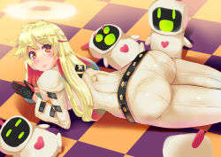 Rule 34 | 1girl, :d, :o, ahoge, arc system works, ass, bad id, bad pixiv id, belt, belt skirt, black gloves, blonde hair, blush, bodysuit, breasts, buckle, checkered floor, closed mouth, spiked halo, familiar, from above, from side, gloves, glowing, glowing eyes, green eyes, guilty gear, guilty gear xrd, guilty gear xrd: revelator, half-closed eyes, halo, heart, heart print, hip focus, huge ass, indoors, jack-o&#039; valentine, knight servant, lancer servant, legs together, long hair, looking at viewer, looking back, lying, magician servant, minion (guilty gear), multicolored clothes, multicolored gloves, multicolored hair, no mask, on back, on floor, on stomach, open mouth, orange eyes, parted bangs, piaroo, red eyes, red gloves, red hair, shadow, shiny clothes, sideboob, size difference, skin tight, smile, solo, standing, studded belt, thighs, two-tone hair, wide-eyed