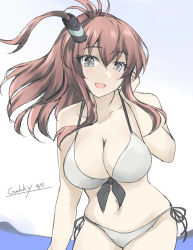 Rule 34 | 1girl, bikini, breasts, brown hair, cleavage, cowboy shot, front-tie top, gakky, grey eyes, kantai collection, large breasts, looking at viewer, one-hour drawing challenge, ponytail, saratoga (kancolle), side-tie bikini bottom, side ponytail, sidelocks, smokestack hair ornament, solo, swimsuit, white bikini
