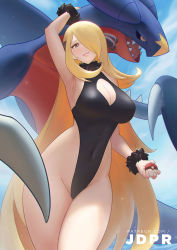 Rule 34 | 1girl, alternate costume, arm up, armpits, black leotard, blonde hair, breasts, cleavage, cleavage cutout, closed mouth, clothing cutout, cloud, commentary request, covered navel, creatures (company), cynthia (pokemon), day, eyelashes, fur collar, fur cuffs, game freak, garchomp, gen 4 pokemon, hair over one eye, highleg, holding, holding poke ball, jdpr, large breasts, leotard, long hair, looking at viewer, nintendo, outdoors, poke ball, poke ball (basic), pokemon, pokemon (creature), pokemon dppt, sky, smile, thighs, very long hair, watermark, web address
