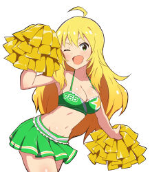 Rule 34 | 1girl, :d, absurdres, ahoge, bare shoulders, blonde hair, blush, breasts, cheerleader, cleavage, collarbone, cowboy shot, dot nose, fluffy hair, green eyes, green skirt, green tank top, highres, holding, holding pom poms, hoshii miki, idolmaster, large breasts, long hair, looking at viewer, miniskirt, navel, nejime (nejimeinu), one eye closed, open mouth, pom pom (cheerleading), pom poms, simple background, skirt, smile, solo, tank top, thighs, very long hair, wavy hair, white background