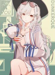 Rule 34 | 1girl, absurdres, azur lane, black headwear, butterfly hair ornament, character name, cup, dress, dunkerque (afternoon venus) (azur lane), dunkerque (afternoon venus) (azur lane), dunkerque (azur lane), eyewear on head, french flag, grey hair, hair ornament, hand in own hair, highres, holding, holding cup, jacket, long hair, meowfficer (azur lane), official alternate costume, pink-tinted eyewear, rabe26k, red eyes, solo, sunglasses, tinted eyewear, very long hair, white dress, white jacket