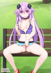Rule 34 | 1girl, :q, adult neptune, bare legs, bare shoulders, bench, black choker, breasts, censored, choker, crop top, d-pad, d-pad hair ornament, day, earrings, english text, exhibitionism, female masturbation, fingering, hair between eyes, hair ornament, heart, heart censor, highres, hoop earrings, jewelry, long hair, looking at viewer, masturbation, medium breasts, mind control, miniskirt, nail polish, navel, navel piercing, neptune (series), nipple piercing, nipples, no panties, off shoulder, on bench, outdoors, park, partially unzipped, piercing, pink eyes, public indecency, purple hair, pussy, pussy juice, red footwear, shin jigen game neptune vii, sitting, skirt, solo, spaghetti strap, spread legs, tattoo, tongue, tongue out, vahn yourdoom, very long hair