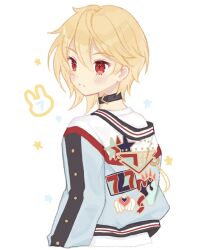 Rule 34 | 1boy, asymmetrical hair, blonde hair, blush, blush stickers, collar, cropped torso, ensemble stars!, from behind, highres, jacket, looking back, male focus, nito nazuna, parted lips, rabbit, red eyes, rorol, shirt, short hair, smile, solo, star (symbol), upper body