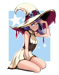 Rule 34 | 1girl, bare shoulders, breasts, collarbone, dress, hat, hat belt, highres, javehorny, navel, original, pointy hat, purple hair, short hair, simple background, small breasts, solo, star (symbol), thighs, witch hat
