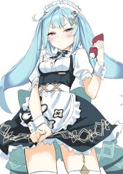 Rule 34 | 1girl, absurdres, apron, aqua hair, blush, breasts, closed mouth, dress, faruzan (cafe) (genshin impact), faruzan (genshin impact), frilled dress, frills, genshin impact, green eyes, hair ornament, half-closed eyes, highres, holding, ketchup bottle, long hair, looking at viewer, maid headdress, puffy short sleeves, puffy sleeves, short sleeves, simple background, small breasts, solo, syhan, thighhighs, twintails, waist apron, waitress, white background, wrist cuffs, x hair ornament