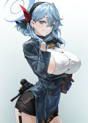 Rule 34 | 1girl, ako (blue archive), bell, black garter straps, black gloves, black hairband, black skirt, blue archive, blue eyes, blue hair, blue halo, breasts, clipboard, closed mouth, cowbell, cowboy shot, earrings, garter straps, gloves, gun, hairband, halo, holster, jewelry, large breasts, looking at viewer, miniskirt, pencil skirt, skirt, smile, solo, sterben, stud earrings, weapon