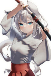 Rule 34 | 1girl, animal ear fluff, animal ears, arms up, blush, braid, breasts, commentary request, fox ears, fox girl, green eyes, hair between eyes, highres, holding, holding sword, holding weapon, hololive, japanese clothes, katana, long hair, looking at viewer, miko, open mouth, sheath, shirai yu, shirakami fubuki, sidelocks, simple background, single braid, small breasts, solo, sword, unsheathing, virtual youtuber, weapon, white background, white hair