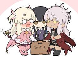 Rule 34 | 3girls, black footwear, black hair, blush, boots, box, brown eyes, cardboard box, chibi, chloe von einzbern, commentary request, dark-skinned female, dark skin, detached sleeves, eye contact, fate/kaleid liner prisma illya, fate (series), gloves, grey hair, hair between eyes, hair bun, illyasviel von einzbern, jitome, leotard, long sleeves, looking at another, magical ruby, magical sapphire, miyu edelfelt, multiple girls, navel, nose blush, nyaru (nyaru 4126), open mouth, parted bangs, parted lips, pink background, pink footwear, pink shirt, pink sleeves, prisma illya, purple leotard, shirt, sleeveless, sleeveless shirt, teardrop, thigh boots, translation request, two-tone background, v-shaped eyebrows, white background, white gloves, yellow eyes