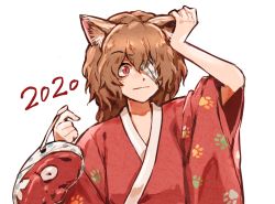 Rule 34 | 1other, 2020, ametsukana yago, androgynous, animal ears, bandage over one eye, brilliant pagoda or haze castle, brown hair, cat ears, closed mouth, commentary request, hemo (hemoroda), holding, holding mask, japanese clothes, kemonomimi mode, kimono, len&#039;en, long hair, mask, paw print, paw print pattern, print kimono, red eyes, red kimono, simple background, slit pupils, solo, upper body, white background