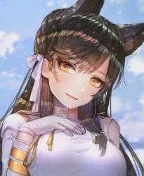 Rule 34 | 1girl, animal ears, atago (azur lane), azur lane, bad id, bad twitter id, black hair, blue sky, blush, breasts, brown eyes, buttons, closed mouth, cloud, day, double-breasted, epaulettes, fang, fox ears, gloves, hair ornament, hair over shoulder, hair ribbon, half-closed eyes, hanato (seonoaiko), hand on own chest, head tilt, high collar, highres, jacket, large breasts, light particles, long hair, looking at viewer, makeup, military, military uniform, mole, mole under eye, ocean, parted lips, ribbon, sky, smile, solo, sparkle, static, swept bangs, thighhighs, uniform, very long hair, water drop, wet, white gloves, white jacket, white ribbon