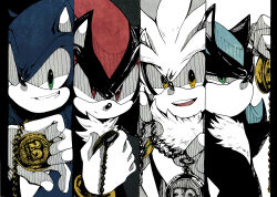 Rule 34 | 4boys, aimf, animal ears, animal nose, black background, black border, black fur, blue fur, body fur, border, bracelet, chain, closed mouth, column lineup, commentary request, fang, fangs, furry, furry male, gloves, gold bracelet, gold chain, green eyes, grey background, half-closed eyes, hands up, hedgehog, hedgehog ears, highres, holding, jewelry, looking at viewer, looking to the side, male focus, medal, mephiles the dark, multiple boys, no mouth, open mouth, red eyes, shadow the hedgehog, silver chain, silver the hedgehog, simple background, smile, sonic (series), sonic the hedgehog, sonic the hedgehog (2006), teeth, tongue, two-tone fur, white background, white fur, white gloves, yellow eyes