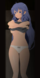 Rule 34 | 1girl, absurdres, ahoge, bare legs, blue eyes, blush, breasts, breasts apart, clothes lift, feet out of frame, female focus, groin, highres, indoors, legs, lifted by self, light blush, light purple hair, long hair, looking at viewer, mushoku tensei, navel, no bra, panties, parted lips, roxy migurdia, shirt lift, small breasts, solo, standing, thighs, underboob, underwear, undressing, white panties, yadokari genpachirou