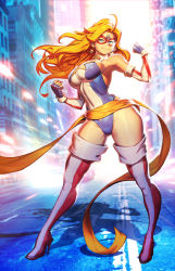 Rule 34 | 1girl, blonde hair, blue eyes, blue gloves, boots, breasts, city, earrings, elbow gloves, eye mask, fingerless gloves, full body, genzoman, gloves, high heel boots, high heels, highleg, highleg leotard, highres, jewelry, kamen america, kamen america (comic), large breasts, leotard, long hair, looking at viewer, navel, outdoors, road, shadow, smile, solo, standing, star (symbol), star earrings, street, thigh boots, thighhighs