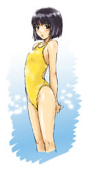 Rule 34 | 1girl, black hair, blush, competition swimsuit, flat chest, kisaragi gunma, one-piece swimsuit, open mouth, original, purple eyes, short hair, solo, swimsuit
