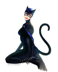 Rule 34 | 1girl, animal ears, animification, batman (series), blue eyes, bodysuit, boots, cat ears, cat tail, catsuit, catwoman, claws, dc comics, green eyes, high heel boots, high heels, j (onose1213), latex, lips, lipstick, makeup, selina kyle, shoes, solo, tail