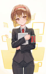 Rule 34 | 1girl, absurdres, armband, black jacket, black pants, brown eyes, brown hair, closed mouth, collared shirt, commentary, cowboy shot, hairband, haro (haro 339), head tilt, highres, holding, holding notepad, jacket, lobotomy corporation, long sleeves, looking at viewer, malkuth (project moon), necktie, notepad, hugging object, pants, project moon, red hairband, red necktie, shirt, short hair, smile, solo, white shirt