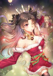 Rule 34 | &gt; &lt;, 2girls, :p, backlighting, ball gag, black hair, black ribbon, blonde hair, box, breasts, christmas, cleavage, closed eyes, collar, commentary request, detached collar, dress, earrings, ereshkigal (fate), fate/grand order, fate (series), fur-trimmed dress, fur trim, gag, gift, gift box, hair ribbon, highres, hoop earrings, ishtar (fate), jewelry, kaer sasi dianxia, long hair, medium breasts, metal collar, moon, multiple girls, one eye closed, red dress, red eyes, red ribbon, ribbon, santa dress, short dress, siblings, sisters, strapless, strapless dress, tiara, tongue, tongue out, two side up, wiffle gag