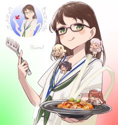 Rule 34 | 5girls, black hair, blonde hair, blush, bow, braid, brown hair, c2-chan, c2 kikan, chibi, commentary request, dress, eating, closed eyes, food, glasses, grecale (kancolle), green eyes, hair bow, hair ornament, hairclip, highres, holding, holding plate, kantai collection, kneeling, libeccio (kancolle), licking lips, long hair, looking at viewer, maestrale (kancolle), meatball, multiple girls, one side up, open mouth, pasta, pink hair, plate, sailor collar, sailor dress, school uniform, scirocco (kancolle), simple background, smile, spaghetti, spaghetti and meatballs, tan, tongue, tongue out, twintails, two side up, yamashichi (mtseven)