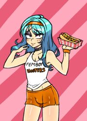Rule 34 | 1boy, arm up, armpits, bare shoulders, beta&#039;s inferno, black choker, black nails, blue hair, blush, bulge, character request, choker, clothes writing, collarbone, crop top, crossdressing, english text, eyelashes, femboy hooters (meme), flat chest, food, groin, headband, holding, holding food, hot dog, light blue hair, medium hair, meme, mole, mole under eye, mustard, original, parted lips, raised eyebrows, shorts, smile, tagme, trap, undersized clothes