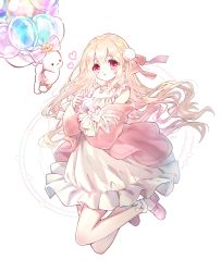 Rule 34 | 1girl, :o, absurdres, balloon, bare shoulders, blonde hair, blush, bow, collarbone, commission, danby merong, dress, flower, frilled dress, frills, full body, hair bow, heart, highres, holding, holding balloon, jacket, long hair, long sleeves, looking at viewer, mary janes, off shoulder, open clothes, open jacket, original, parted lips, pink bow, pink footwear, pink jacket, puffy long sleeves, puffy sleeves, red eyes, rose, shoes, simple background, sleeveless, sleeveless dress, sleeves past wrists, socks, solo, star (symbol), striped, striped bow, stuffed animal, stuffed toy, teddy bear, transparent, very long hair, white background, white bow, white dress, white socks, yellow flower, yellow rose