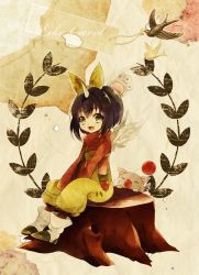 Rule 34 | 00s, 1girl, adzuma nishi, animal hands, bird, boots, bow, character name, eiko carol, final fantasy, final fantasy ix, green eyes, hair bow, highres, horns, laurels, moogle, open mouth, overalls, purple hair, single horn, sitting, smile, square enix, stitches, tag, tree stump, white wings, wings