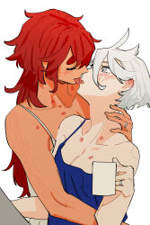 Rule 34 | 2girls, bite mark, blue camisole, blush, camisole, closed eyes, coffee mug, cup, dark-skinned female, dark skin, ear blush, female focus, grey eyes, gundam, gundam suisei no majo, hand on another&#039;s neck, hickey, highres, holding, holding cup, hug, jewelry, korean commentary, licking, licking another&#039;s face, licking another&#039;s lips, long hair, miorine rembran, mug, multiple girls, red hair, ring, scar, scar on arm, scar on face, short hair, simple background, snapagi, strap slip, suletta mercury, thick eyebrows, tongue, tongue out, upper body, wedding ring, white background, white camisole, white hair, wife and wife, yuri