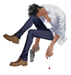 Rule 34 | 1boy, ba3969787585976, black hair, bleeding, blood, blue pants, brown footwear, collared shirt, cross, cross necklace, full body, gun, handgun, highres, holding, holding gun, holding weapon, jewelry, male focus, necklace, nicholas d. wolfwood, pants, partially unbuttoned, profile, shirt, shoes, simple background, sitting, sleeves rolled up, solo, sweat, trigun, weapon, white background, white shirt