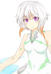 Rule 34 | 10s, 1girl, absurdres, aquarion (series), aquarion logos, bare shoulders, blush, breasts, highres, multicolored hair, purple eyes, short hair, simple background, smile, solo, tsukigane maia, white hair