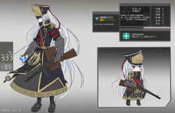 Rule 34 | 1girl, altair (re:creators), artist name, black footwear, blue eyes, chinese commentary, clothing request, coat, colored eyelashes, commentary request, dated, dismalion, expressionless, eyelashes, full body, gameplay mechanics, gauntlets, girls&#039; frontline, gold trim, gradient background, gun, hair between eyes, hair ribbon, hat, highres, light smile, long hair, long skirt, looking at viewer, military uniform, numbered, platform footwear, ppsh-41, re:creators, red eyes, red ribbon, ribbon, shako cap, skirt, solo focus, square pupils, stats, submachine gun, translation request, twintails, two-tone eyes, uniform, very long hair, weapon, white hair