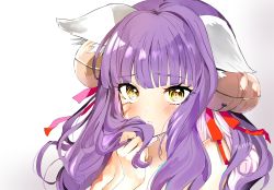 Rule 34 | 1girl, :&lt;, animal ears, artist name, bell, blush, cat ears, character request, closed mouth, collarbone, copyright request, crying, crying with eyes open, facial mark, hair bell, hair ornament, highres, hoerutarou, long hair, looking at viewer, playing with own hair, purple hair, solo, tears, upper body, yellow eyes