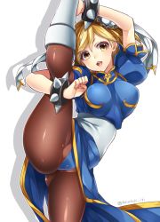 Rule 34 | 1girl, bad id, bad pixiv id, blonde hair, blue dress, boots, bracelet, breasts, brown pantyhose, bun cover, capcom, china dress, chinese clothes, chun-li, chun-li (cosplay), cosplay, cross-laced footwear, djeeta (granblue fantasy), dress, granblue fantasy, jewelry, leg up, pantyhose, pelvic curtain, puffy short sleeves, puffy sleeves, sash, short hair, short sleeves, side slit, simple background, solo, spiked bracelet, spikes, split, standing, standing on one leg, street fighter, takatsuki ichi, twitter username, white background, white footwear, yellow eyes