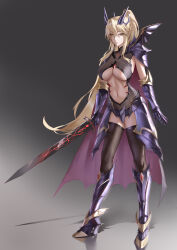 Rule 34 | 1girl, absurdres, alternate hairstyle, anger vein, armor, artoria pendragon (fate), artoria pendragon (lancer alter) (fate), black bodysuit, black thighhighs, blonde hair, bodysuit, braid, breasts, cleavage, clothing cutout, commentary, english commentary, excalibur morgan (fate), fate/grand order, fate (series), faulds, freed turing, french braid, full body, gauntlets, greaves, half updo, high ponytail, highres, holding, holding sword, holding weapon, horns, large breasts, long hair, looking at viewer, navel, navel cutout, pauldrons, shoulder armor, single pauldron, solo, sword, thighhighs, underboob, vambraces, weapon, yellow eyes