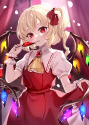 Rule 34 | 1girl, absurdres, ambiguous red liquid, ascot, blonde hair, brooch, collared shirt, commentary, cowboy shot, crystal, cup, drill hair, drill ponytail, fang, flandre scarlet, frilled shirt collar, frills, gem, hair ribbon, hand up, highres, holding, holding cup, jewelry, long hair, looking at viewer, paragasu (parags112), puffy short sleeves, puffy sleeves, red eyes, red gemstone, red nails, red ribbon, red skirt, red vest, ribbon, shirt, short sleeves, side ponytail, skirt, skirt hold, solo, symbol-only commentary, tongue, tongue out, touhou, vest, white shirt, wings, wrist cuffs, yellow ascot