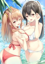 Rule 34 | 2girls, ;d, ass, bare arms, bare shoulders, bikini, black hair, blue sky, blush, breast press, breasts, brown hair, cleavage, cloud, commentary request, cowboy shot, day, earrings, groin, hair between eyes, hair ornament, hair scrunchie, hand up, highres, holding hands, igayan, jewelry, large breasts, long hair, looking at viewer, multiple girls, navel, one eye closed, open mouth, original, outdoors, red bikini, red eyes, scrunchie, side-tie bikini bottom, sky, smile, sparkle, standing, stomach, swimsuit, symmetrical docking, thighs, two side up, wading, water, water drop, white bikini, white scrunchie