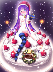 Rule 34 | 10s, 1girl, bell, blush, breasts, bulbonne, cake, candle, censored, christmas, food, fruit, hat, highres, long hair, mosaic censoring, multicolored hair, navel, nipples, nude, one eye closed, panty &amp; stocking with garterbelt, santa hat, sitting, solo, stocking (psg), strawberry, striped clothes, striped thighhighs, thighhighs, two-tone hair, wink