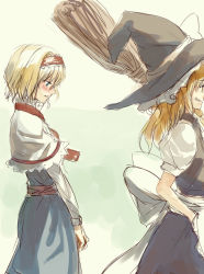 Rule 34 | 2girls, alice margatroid, blonde hair, blush, broom, face, female focus, grin, hat, kirisame marisa, looking down, multiple girls, profile, shirabi, shy, smile, touhou, v arms, witch, witch hat